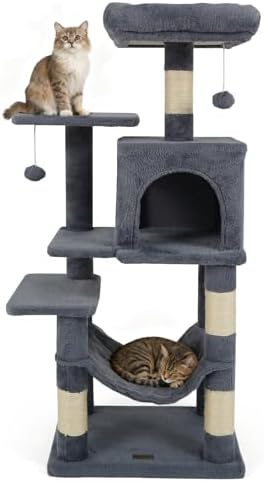 DORTALA Cat Tree for Indoor Cats, 44" Modern Cat Tower with Top Perch, Condo, Hammock, Sisal Scratching Posts, Dangling Balls, Platforms, Multi-Level Pet Climbing Furniture Playground (Grey)
