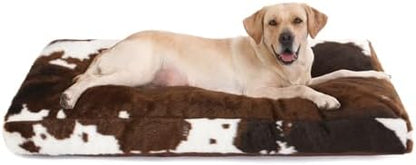Bedfolks Plush Waterproof Dog Crate Bed, Faux Fur Kennel Pad for Extra Large Dogs, Removable Washable Cover, 41"x27", Cow Print