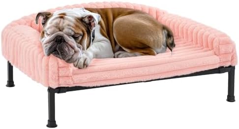Veehoo Elevated Dog Bed with Bolster Cushion, Fluffy Plush Dog Couch Beds for Small Dogs, Cats, Washable Raised Pet Cot with Non-Slip Feet for Indoor or Patios Use, 36 x 28 Inches, Pink