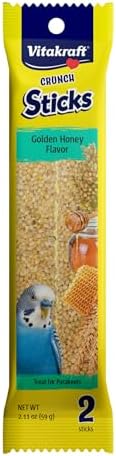 Vitakraft Crunch Sticks Parakeet Treats Golden Honey Flavor – Triple-Baked Snack with Vitamins A D3 E Riboflavin and B12 – Natural Wood Chew Center and Cage Clip Holder – Engaging 2 Stick Pack