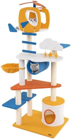 PETSITE 70 inch Tall Aviation-Themed Cat Tree Tower, Multi-Level Cute Cat Tower with Sisal Scratching Posts, Helicopter Top Perch, Basket Bed, Tunnel, Climbing Ladder, and Star-Shaped Hanging Toys
