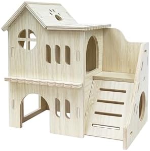 Hamster Hideout Cage Accessories - Hamster House and Habitat Wooden Hide Hut with Climbing Ladder for Dwarf Gerbils and Mouse Mice Rat Other Small Animals etc.