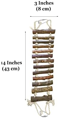 SunGrow Gecko Wooden Ladder Bridge, 14 x 3 inches, Exercise Gym, Interactive Swing Perch for Resting, Metal Clasps for Hanging, Vertical Stairs for Climbing