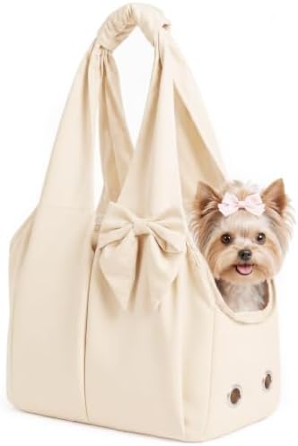 Fashion Dog Purse Carrier for Small Dogs, Soft-Sided Dog Bag Carrier with 4 Large Pockets, No Collapse, Lightweight, Smart Zipper Lock, Comfortable Puppy Cats Rabbit Carrier for Travel,Outdoor(Beige)