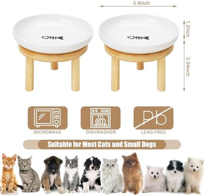 Elevated Cat Bowls with Bamboo Stand, Ceramic Raised Cat Bowl Set of 2, 5.9 Inch Whisker Friendly Anti Vomiting Cat Food Bowls for Dry and Wet Food