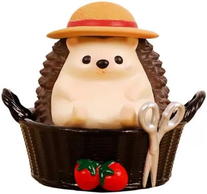 Dark Brown Hedgehog Pen Holder, Cute Resin Basket Desk Decor