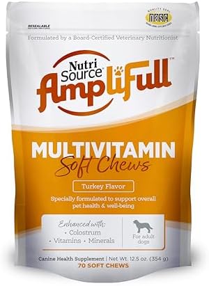 NutriSource AmpliFull Turkey Flavor Multivitamin Soft Chews for Dogs, Daily Supplement with Bovine Colostrum, Essential Vitamins & Minerals for Overall Health, 70 Chews (1 Pack)
