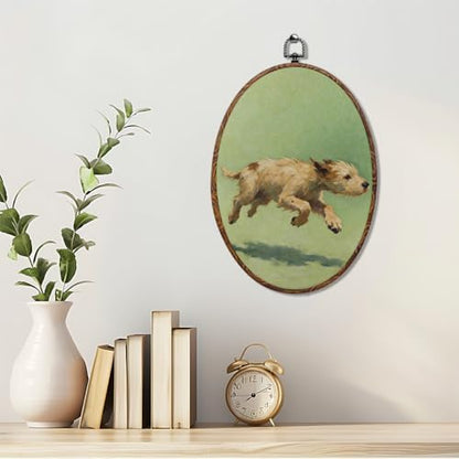 Vintage Dog Oval Framed Wall Art, Dog Lover Gifts Canvas Art Wall Decor，Cute Cottage Hanging Decor Painting Artwork for Home Bedroom Bathroom Hallway Living Room Office Decorations 8.3x12inch