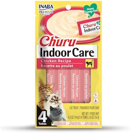INABA Churu for Cats, Functional, Creamy Lickable Purée Cat Treat for Indoor Care and Hairball Control with Taurine & Vitamin E, 0.5 Ounces Each, 4 Tubes (1 Pack), Chicken Recipe