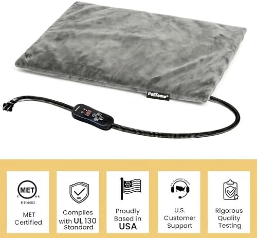 Cat Heating Pad, Heated Cat Bed with 5 Heat Levels, Timer & Auto Shut-Off, Waterproof Warmer with Thick Fleece Cover, Chew-Resistant Cord, for Indoor & Sheltered Outdoor Use (Gray, Small)
