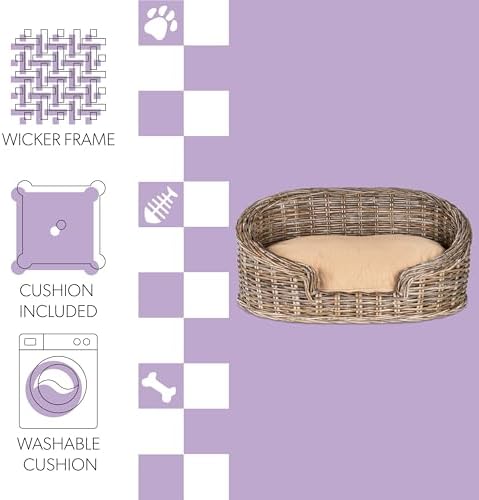 DBD1005A Elevated 27.5" x 17" Bohemian Handwoven Rattan Dog Daybed with Machine-Washable Cushion, Natural