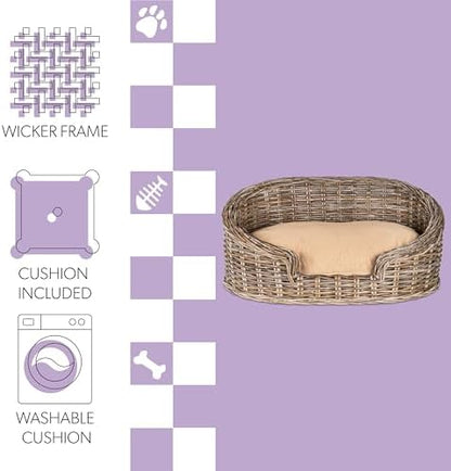 DBD1005A Elevated 27.5" x 17" Bohemian Handwoven Rattan Dog Daybed with Machine-Washable Cushion, Natural