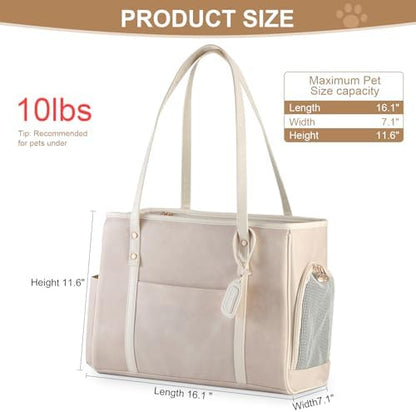 Fashion Dog Carrier Purse, Premium Leather Cat Carrier Bag, Airline Approved Soft Sided Pet Travel Tote Bag with Pockets Beige