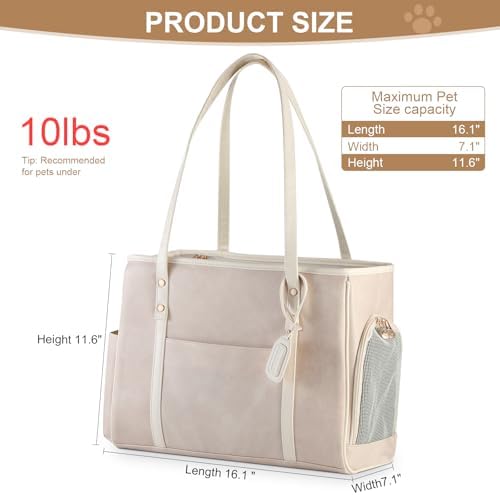 Fashion Dog Carrier Purse, Premium Leather Cat Carrier Bag, Airline Approved Soft Sided Pet Travel Tote Bag with Pockets Beige