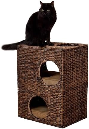 CHS1000B Jaxon 18" Modern Classic 2-Tier Handwoven Hyacinth Rectangular 5-Hole Cat Condo with 2 Machine-Washable Cushions, Brown