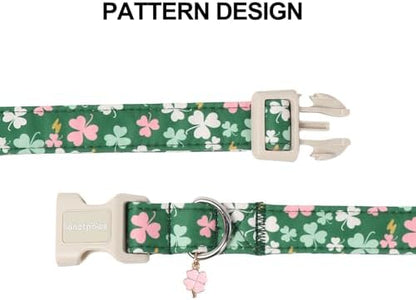 Lionet Paws St. Patrick Dog Collar- Cute Clover Green Dog Collars with Plastic Buckle, Light Adjustable Dogs Collars with Pink Clover Pendant for Small Medium Dogs