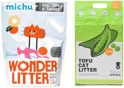 Michu Tofu Cat Litter Natural Clumping Tofu Cat Litter 5.5lb/88oz 5 Scents (Original + Wonder Litter, 2 Pack)