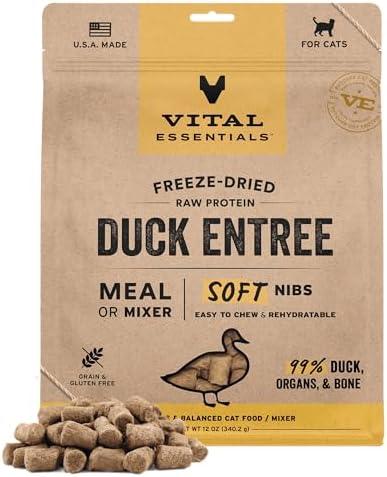Vital Essentials Freeze Dried Cat Food, Duck Nibs, 12 oz Bag