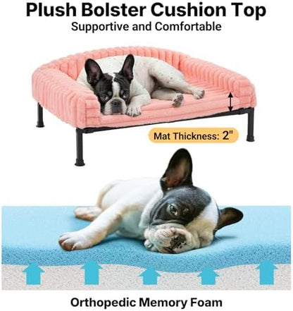 Veehoo Elevated Dog Bed with Bolster Cushion, Fluffy Plush Dog Couch Beds for Small Dogs, Cats, Washable Raised Pet Cot with Non-Slip Feet for Indoor or Patios Use, 30 x 20 Inches, Pink