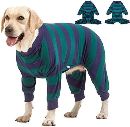 LovinPet Large Dog Pajamas Bodysuit, Green and Black Stripe Print, M