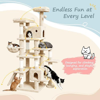 SHA CERLIN 82 inch, Multi-Level Cat Tree Tower for Indoor Cats, Cat Condo with Sisal Scratching Posts, Plush Perches, Hammocks, Toy Balls, Beige