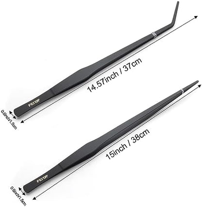 Aquarium Tweezers Extra Long 15 inches Feed Tong Clamps - FEITA Straight and Curved Stainless Steel 38cm Tweezers Set for Fish Tank Plants Aquascape Tools & Reptile Feeding Tongs - Black 2Pcs