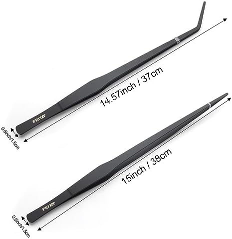 Aquarium Tweezers Extra Long 15 inches Feed Tong Clamps - FEITA Straight and Curved Stainless Steel 38cm Tweezers Set for Fish Tank Plants Aquascape Tools & Reptile Feeding Tongs - Black 2Pcs