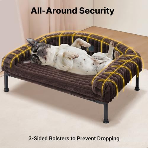 Veehoo Elevated Dog Bed with Bolster Cushion, Fluffy Plush Dog Couch Beds for Small Dogs, Cats, Washable Raised Pet Cot with Non-Slip Feet for Indoor or Patios Use, 36 x 28 Inches, Brown