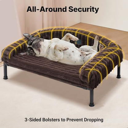 Veehoo Elevated Dog Bed with Bolster Cushion, Fluffy Plush Dog Couch Beds for Small Dogs, Cats, Washable Raised Pet Cot with Non-Slip Feet for Indoor or Patios Use, 30 x 20 Inches, Brown