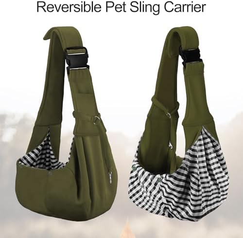 PETLOFT Reversible Dog Cat Sling Carrier, Small Dog Carrier, Adjustable Dog Sling, Hands Free Cross Body Carrier with Collar Hook for Dog/Cat/Bunny up to 11lb (Army Green)