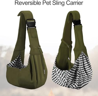 PETLOFT Reversible Dog Cat Sling Carrier, Small Dog Carrier, Adjustable Dog Sling, Hands Free Cross Body Carrier with Collar Hook for Dog/Cat/Bunny up to 11lb (Army Green)