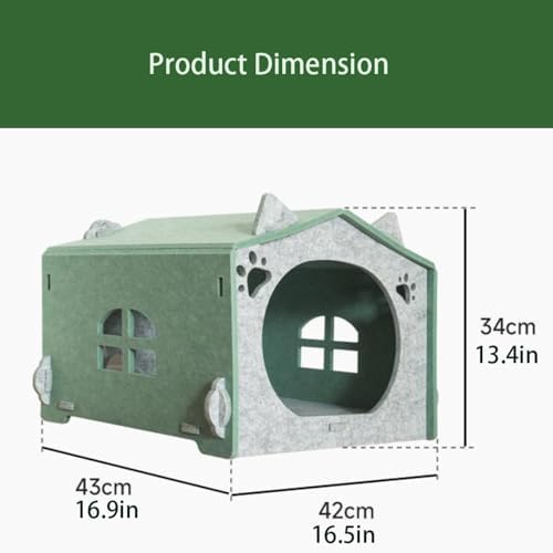 Removable Folding Model Cat Cottage Cat Bed, All Season Useful Litter Box, Fun for Cats or Dogs, The Peekaboo Foldable Felt Cat Cave and Cube for Small Medium Large Cats, Green