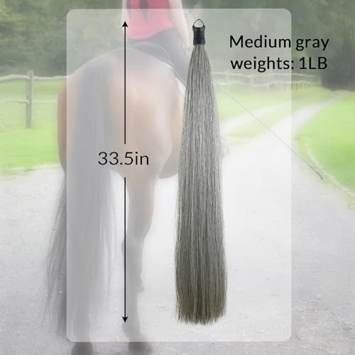 33.5 IN Long 1 LB Horse Tail Extension with Braided Horsehair Loop & Blunt Cut Bottom (Medium Gray)