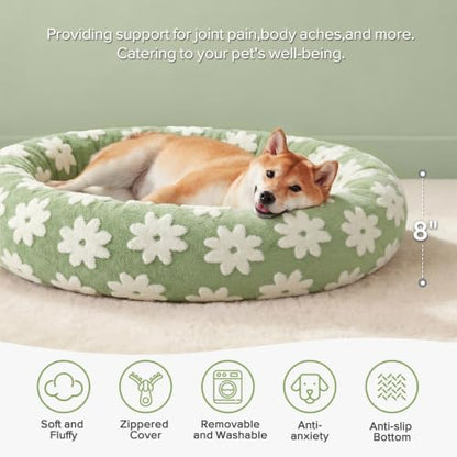JOEJOY Jacquard Donut Round Small Dog Beds,Green 23x23x8in, Removable Washable Cover, Cute Pattern, Ultra Soft Fluffy Calming Pet Bed with Thick Supportive Bolster