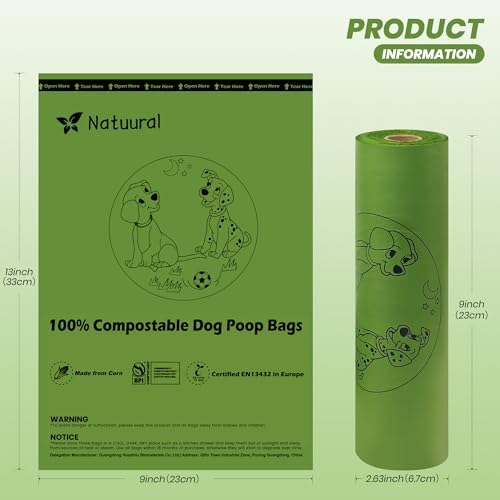 Compostable Dog Poop Bags-300 Bags 1Rolls, (Unscented)