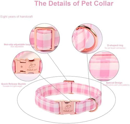 Girl Dog Collar, Classic Pink Gingham Dog Collars - Soft Adjustable Spring Summer Everyday Collars for Small Medium Large Dogs, Sweet Checkered Female Dogs Collar XL