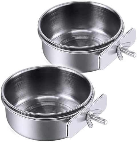 PINVNBY 2PCS Parrot Feeding Cups Birds Food Dish Stainless Steel Parrot Feeders Water Cage Bowls with Clamp Holder for Cockatiel Conure Parakeet Macaw Small Animal (Size: L)
