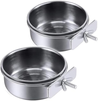PINVNBY 2PCS Parrot Feeding Cups Birds Food Dish Stainless Steel Parrot Feeders Water Cage Bowls with Clamp Holder for Cockatiel Conure Parakeet Macaw Small Animal (Size: L)