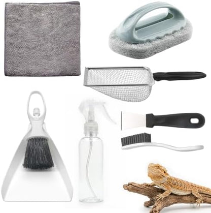 7-in-1 Reptile Tank Cleaning Kit, Complete Terrarium Enclosure Tool Set with Mini Dustpan, Brush, Scraper, Sand Sifter, Spray Pot, Cloth & Sponge, Bearded Dragon Accessories