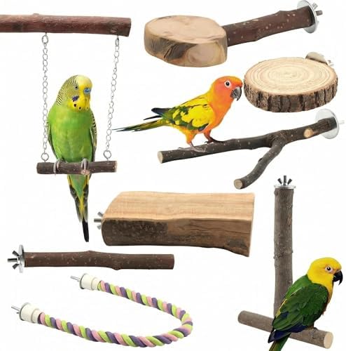 8-Piece Natural Wood Perches, Swing & Rope Set for Bird Cages