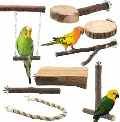 8-Piece Natural Wood Perches, Swing & Rope Set for Bird Cages