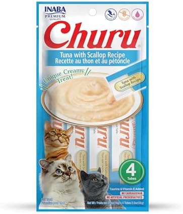 INABA Churu Cat Treats, Grain-Free, Lickable, Squeezable Creamy Purée Cat Treat/Topper with Vitamin E & Taurine, 0.5 Ounces Each Tube, 4 Tubes, Tuna with Scallop Recipe