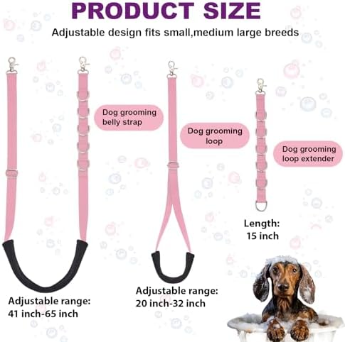 Dog Grooming Belly Strap - 3PCS Grooming Restraint Set Adjustable Belly Band Loops Strap with Padded Support & Loop Extension Straps Pet Grooming Harness Kit for Dogs (Light Pink)