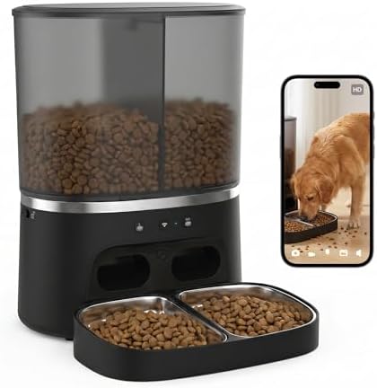 Automatic Cat Feeder with Camera, Automatic Dog Feeder Dry Food, 8L Dual Hopper Auto Cat Food Dispenser, 1080P HD Video with Night Vision/2-Way Audio/APP, 5G WiFi Pet Feeder with Low Food Tray-Black