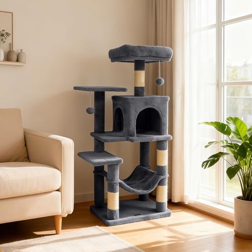 DORTALA Cat Tree for Indoor Cats, 44" Modern Cat Tower with Top Perch, Condo, Hammock, Sisal Scratching Posts, Dangling Balls, Platforms, Multi-Level Pet Climbing Furniture Playground (Grey)