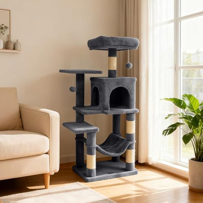 DORTALA Cat Tree for Indoor Cats, 44" Modern Cat Tower with Top Perch, Condo, Hammock, Sisal Scratching Posts, Dangling Balls, Platforms, Multi-Level Pet Climbing Furniture Playground (Grey)