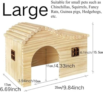 Guinea Pig Wood Hideout Hut with Window Small Animal Wooden House for Chinchilla Squirrel Hedgehog Fancy Rat Hamster (Large)