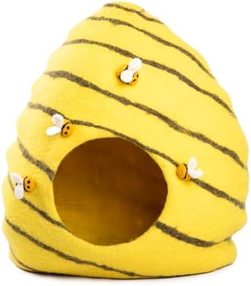 Woolygon Premium Felt Cat Cave Bed – Wool Kitty Beds Handcrafted Kitten Caves Bed for Indoor Cats - Made from Merino Wool, Foldable Cat Hideaway Covered Cat House Pod (Honey Hive)