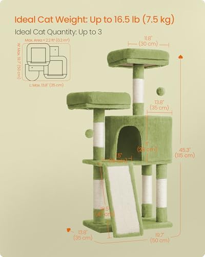 Feandrea Cat Tree, 45.3-Inch Cute Cat Tower, Plush Climbing Condo, Green