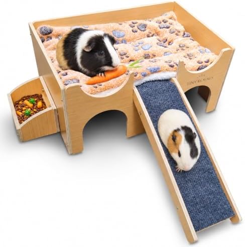 Guinea Pig Wooden Hideout with Built-in Feeder, Screw-Assembled Natural Wood Castle with Absorbent Fleece Mat, Ramp & Accessories, Cozy Safe Hideaway for Small Pets to Rest, Play & Explore